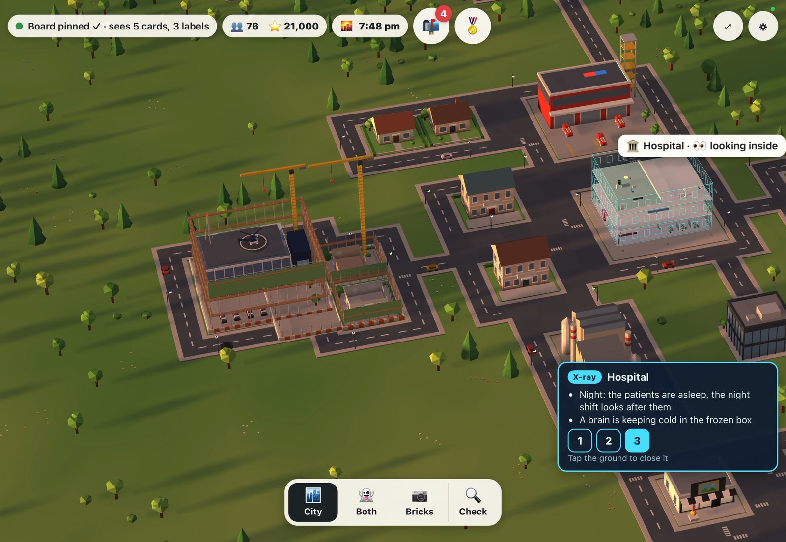 The iPad's X-ray view of the hospital at night: its walls are see-through, and a card lists what's happening inside